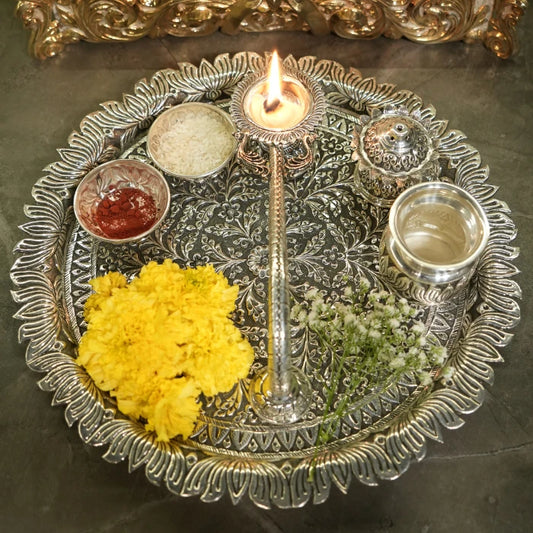 Antique 92.5% Silver Pooja Thali with Peacock Diya & Floral Design