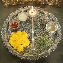 Antique 92.5% Silver Pooja Thali with Peacock Diya & Floral Design