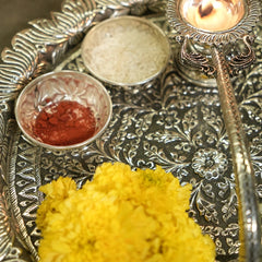 Antique 92.5% Silver Pooja Thali with Peacock Diya & Floral Design