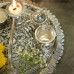 Antique 92.5% Silver Pooja Thali with Peacock Diya & Floral Design