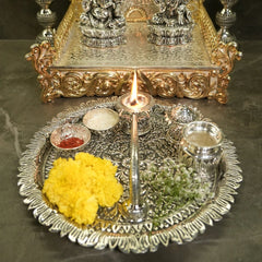Antique 92.5% Silver Pooja Thali with Peacock Diya & Floral Design