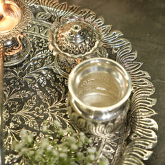 Antique 92.5% Silver Pooja Thali with Peacock Diya & Floral Design