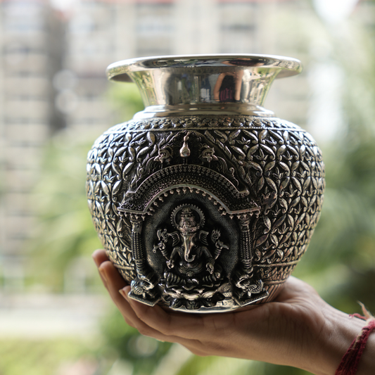 925 Pure Ganesh Silver Kalash with Intricate Engravings - Pooja Kalash for Worship and Rituals