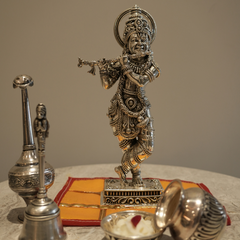 Silver Krishna Idol - Divine Lord Krishna Statue for Pooja and Home Decor