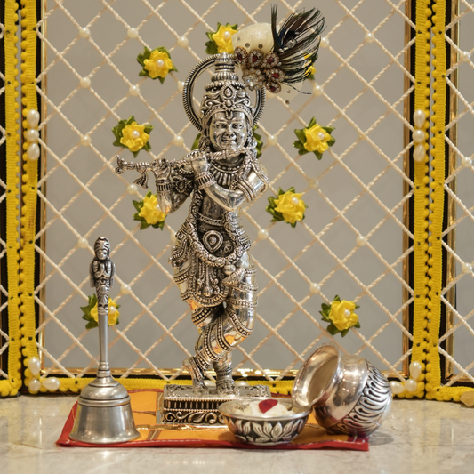 Silver Krishna Idol - Divine Lord Krishna Statue for Pooja and Home Decor