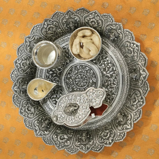 Handcrafted Antique Silver Pooja Thali with Ganesh Ji Design