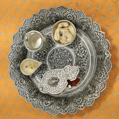 Handcrafted Antique Silver Pooja Thali with Ganesh Ji Design