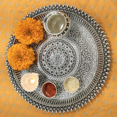 Handcrafted Silver Pooja Thali with Floral & Antique Design