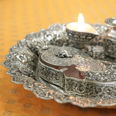 Handcrafted Antique Silver Pooja Thali with Ganesh Ji Design