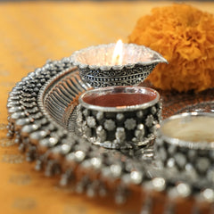 Handcrafted Silver Pooja Thali with Floral & Antique Design