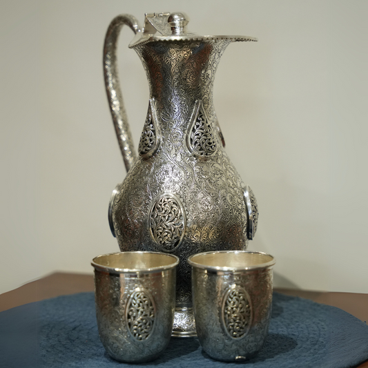 Silver Jug Set with Flower Pattern and Matching Glasses - Luxury Serveware & Elegant Home Decor