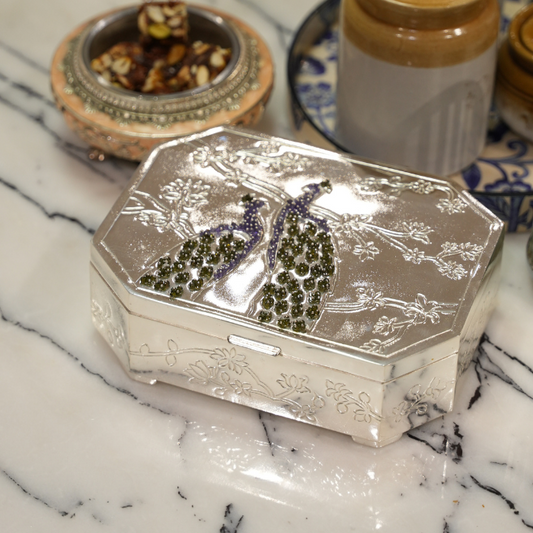 Silver Dry Fruit Box with Peacock Design – Royal Festive Gift