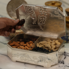 Silver Dry Fruit Box with Peacock Design – Royal Festive Gift