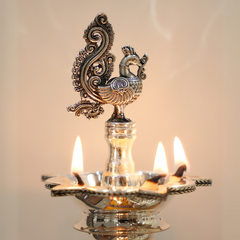 Silver Samay Diya Lamp with Peacock and Elephant Design