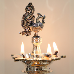 Silver Samay Diya Lamp with Peacock and Elephant Design