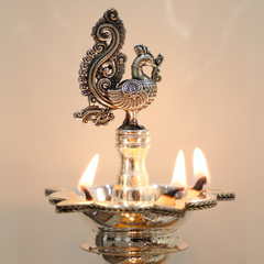 Silver Samay Diya Lamp with Peacock and Elephant Design