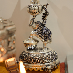 Silver Samay Diya Lamp with Peacock and Elephant Design
