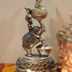 Silver Samay Diya Lamp with Peacock and Elephant Design