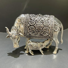 Silver Kamdhenu / Silver Cow and Calf Idol Antique Silver