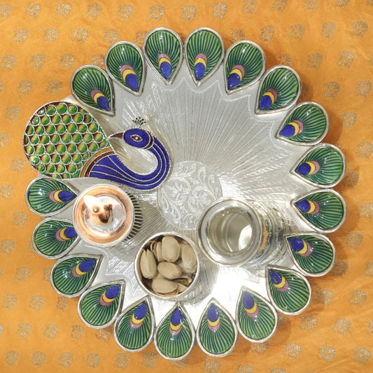 silver pooja thali peacock design