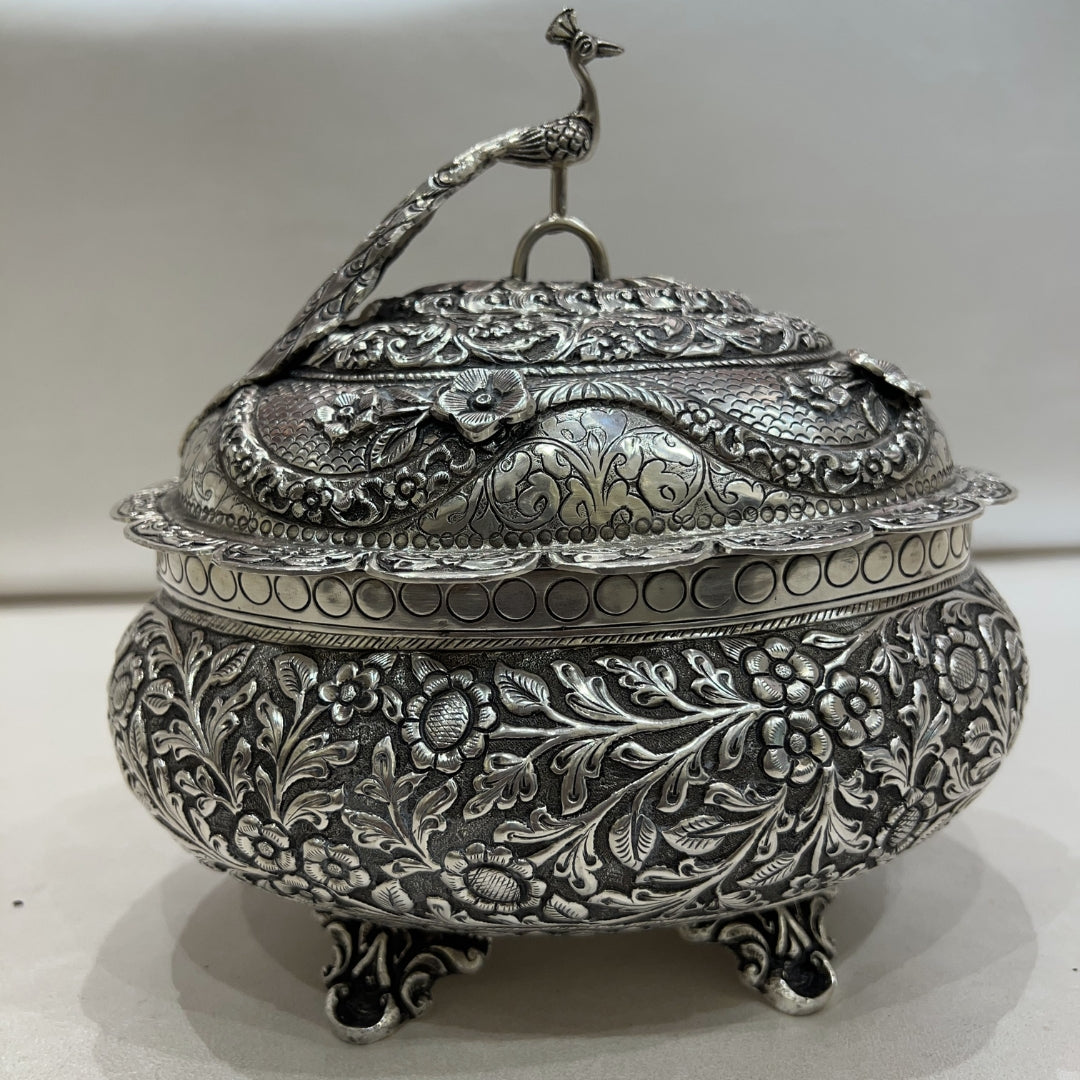 Silver Antique Peacock Dry Fruit Box
