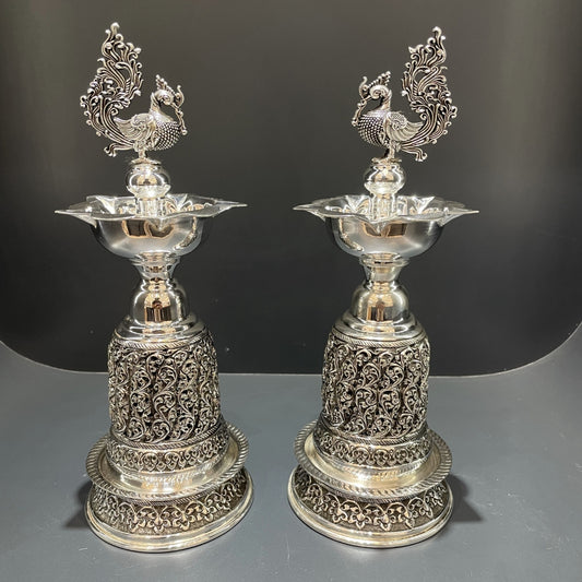 Silver Antique Peacock Deepam Set