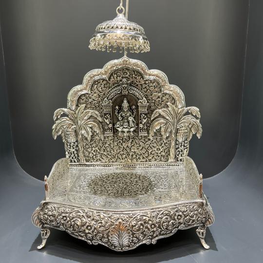 Dhanlaxmi Floral design Puja Mandir in Antique Silver